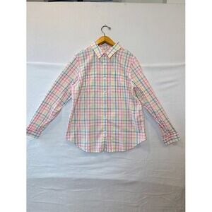 LLBean Vacationland Seersucker Shirt Womens LT Geranium Pink Easter Pastel Plaid